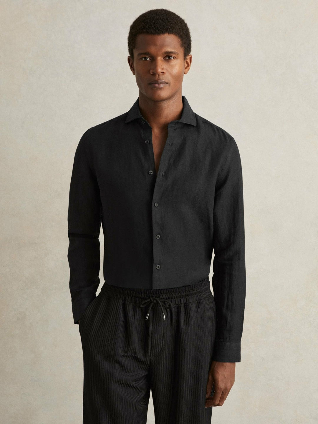 Linen Button-Through Shirt in Black Men | Reiss