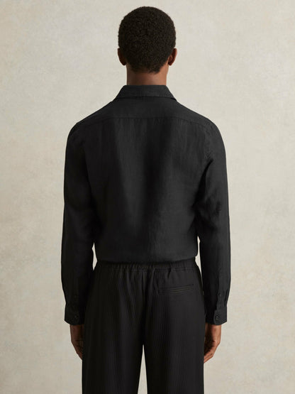 Linen Button-Through Shirt in Black Men | Reiss