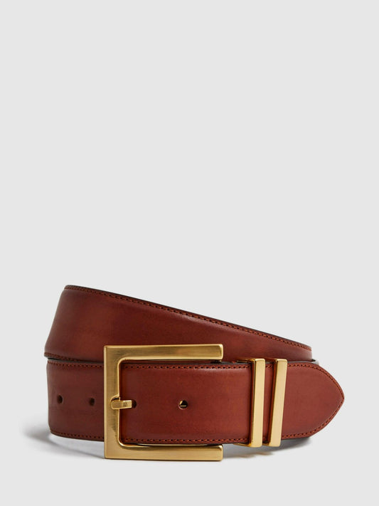 Leather Square Buckle Belt in Tan Women | Reiss