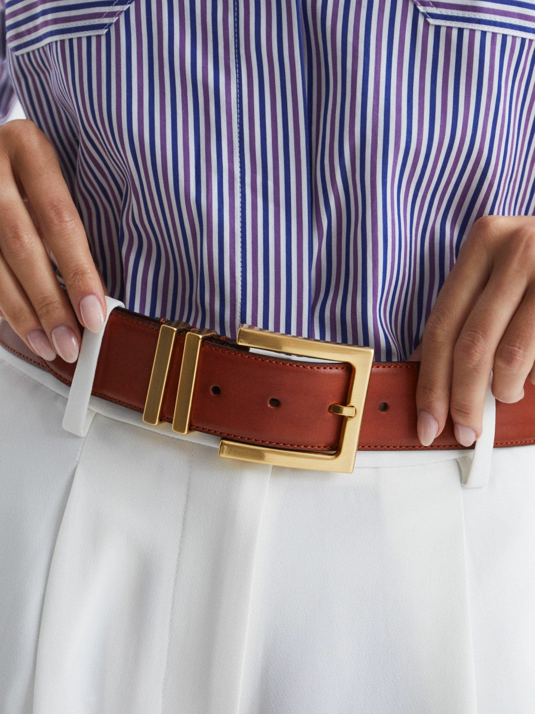 Leather Square Buckle Belt in Tan Women | Reiss