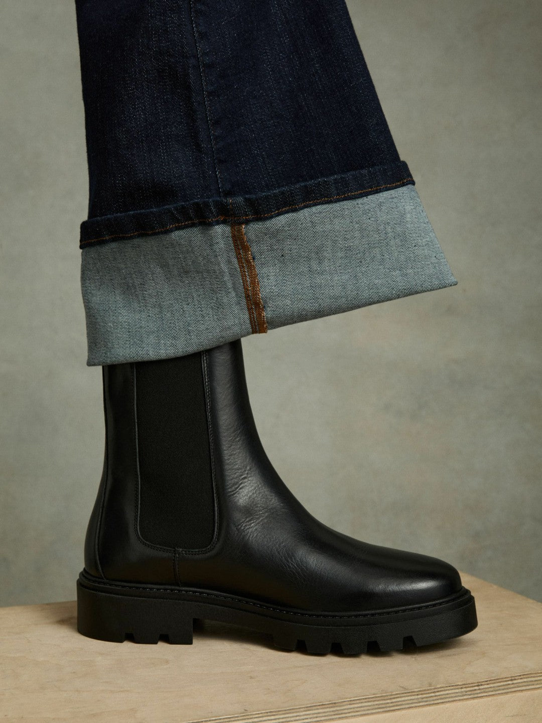 Leather Cleated Sole Chelsea Boots in Black Women | Reiss