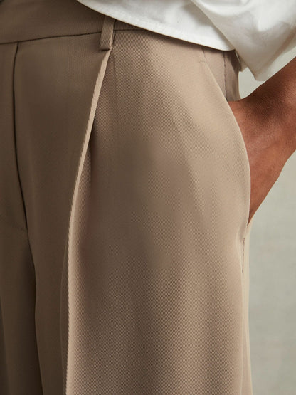Half-Elasticated Wide Leg Trousers in Mink Neutral Women | Reiss