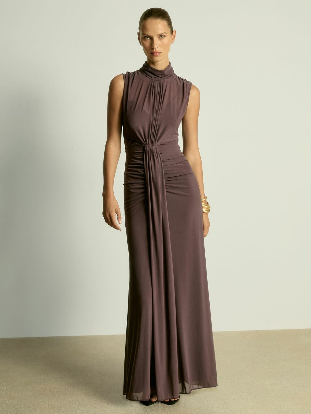 Sheer Ruched Maxi Dress in Taupe Women | Reiss