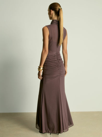 Sheer Ruched Maxi Dress in Taupe Women | Reiss
