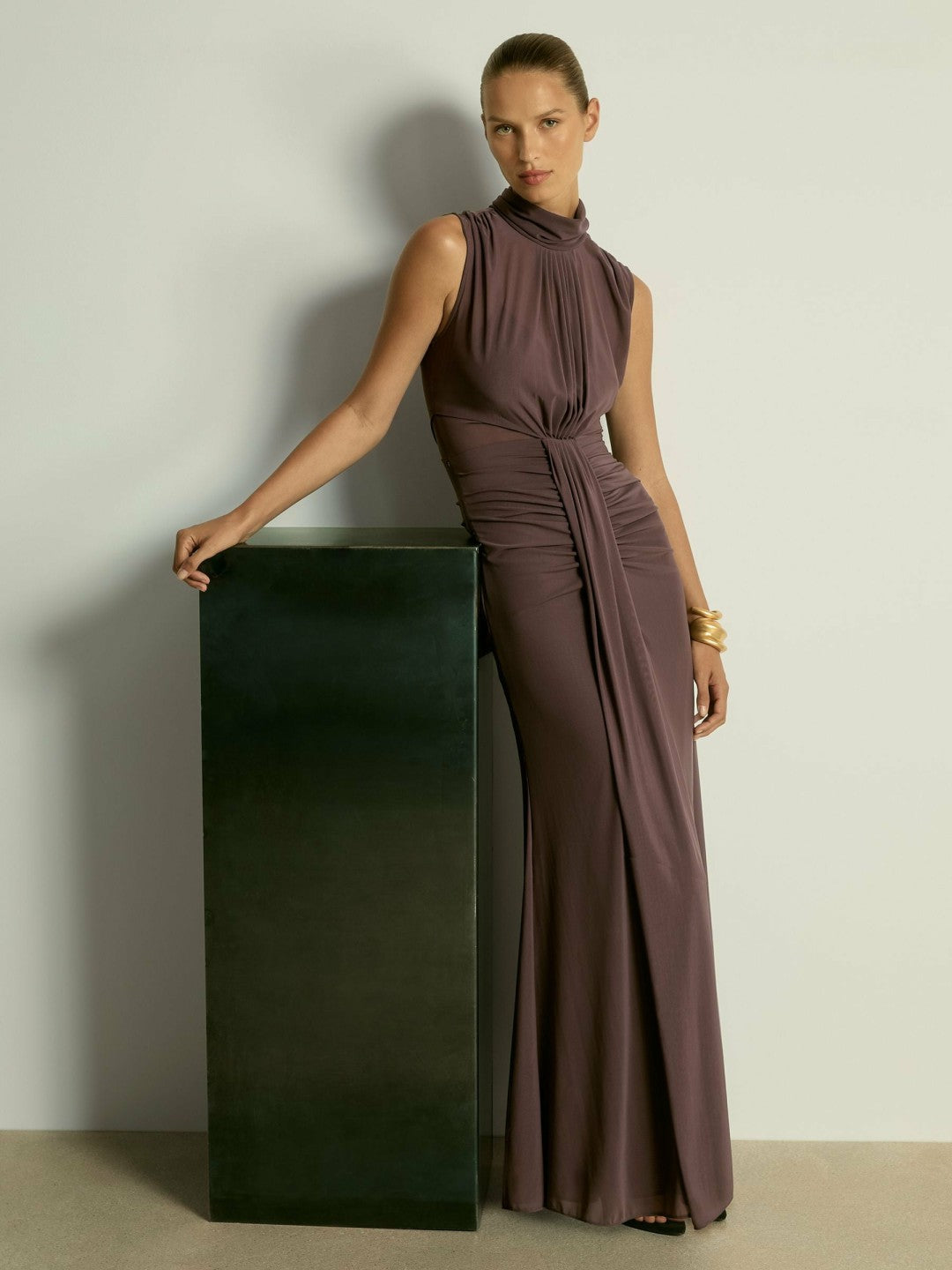 Sheer Ruched Maxi Dress in Taupe Women | Reiss