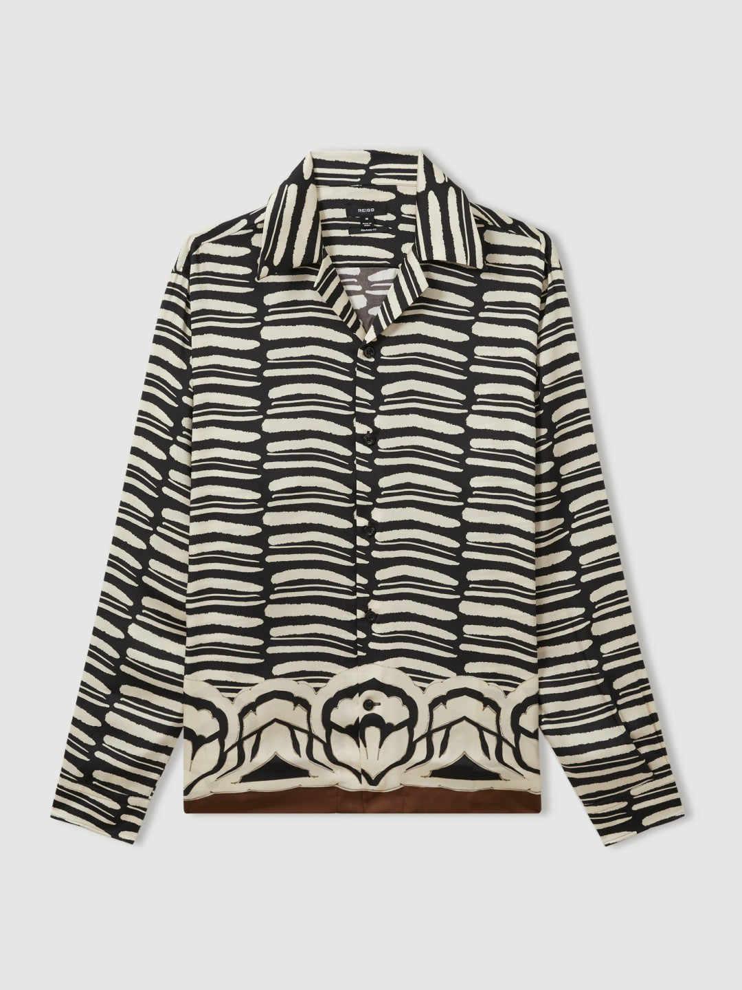 Abstract-Print Twill Cuban-Collar Shirt in Black/White Men | Reiss