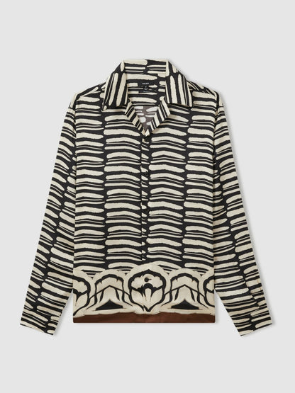 Abstract-Print Twill Cuban-Collar Shirt in Black/White Men | Reiss