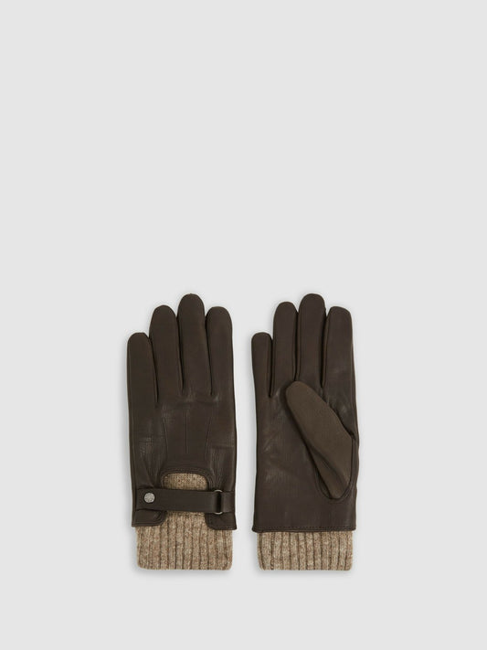 Leather Ribbed-Cuff Gloves in Dark Brown Men | Reiss