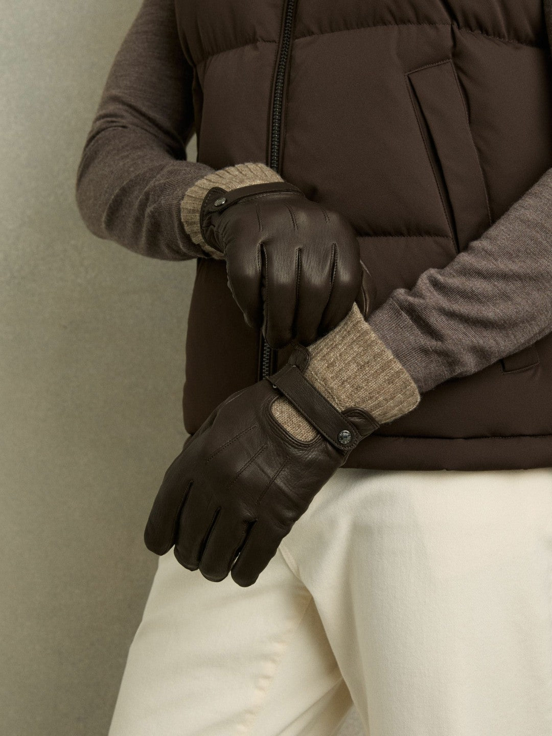 Leather Ribbed-Cuff Gloves in Dark Brown Men | Reiss