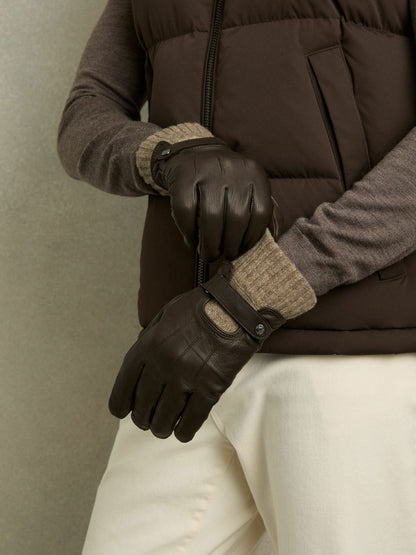 Leather Ribbed-Cuff Gloves in Dark Brown Men | Reiss