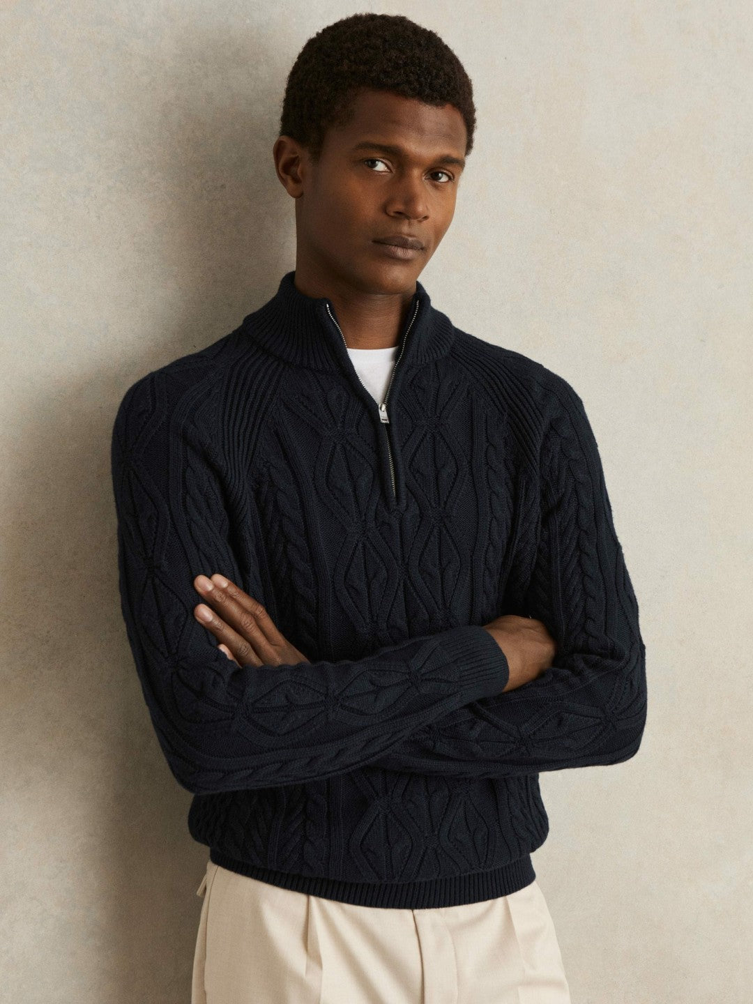 Cable-Knit Half-Zip Jumper in Navy Men | Reiss
