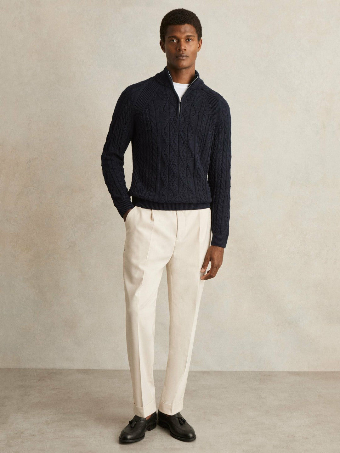 Cable-Knit Half-Zip Jumper in Navy Men | Reiss