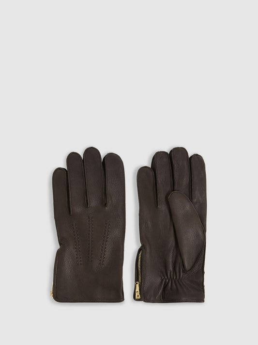 Leather Zip-Side Gloves in Dark Brown Men | Reiss