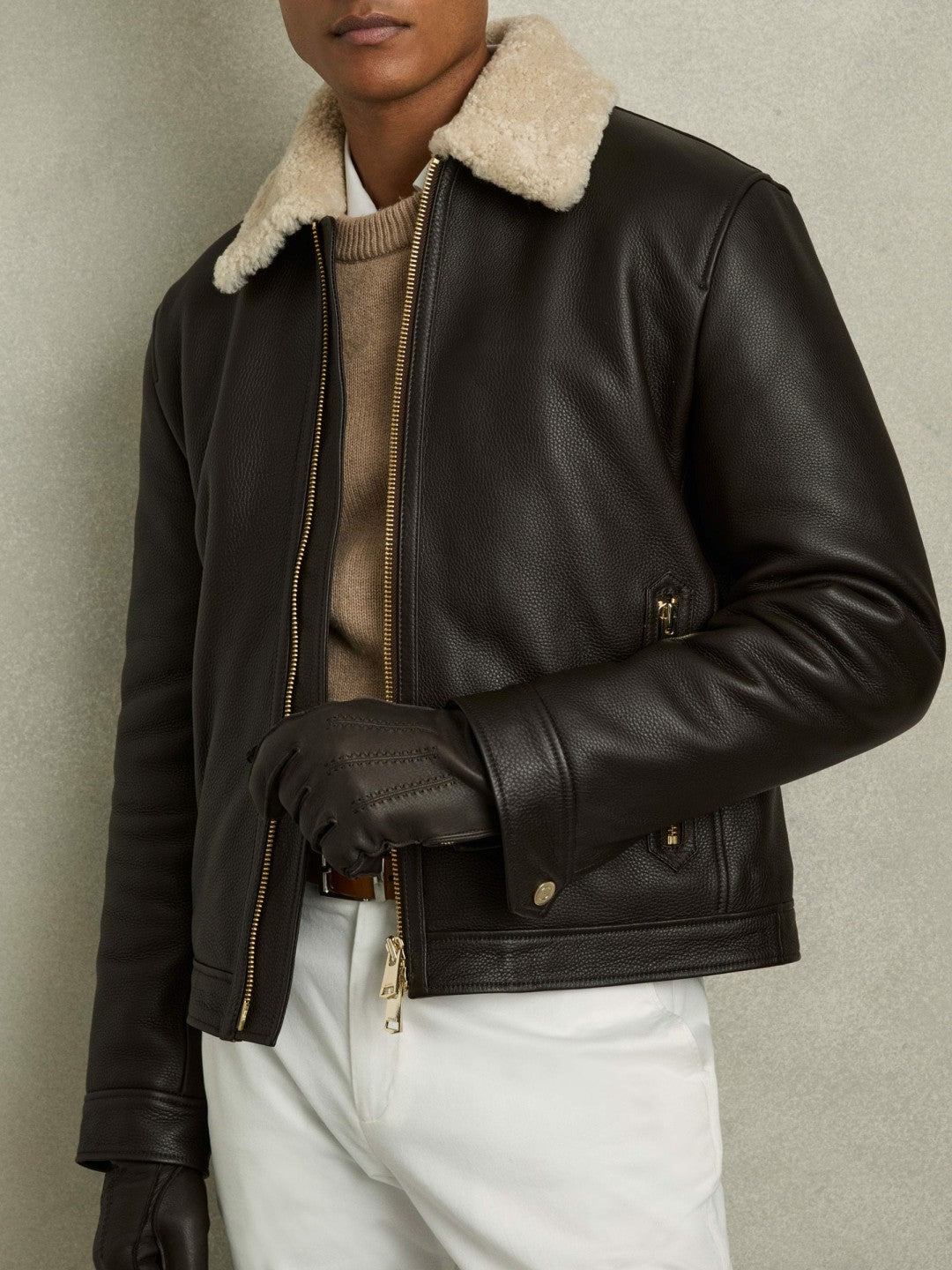 Leather Zip-Side Gloves in Dark Brown Men | Reiss