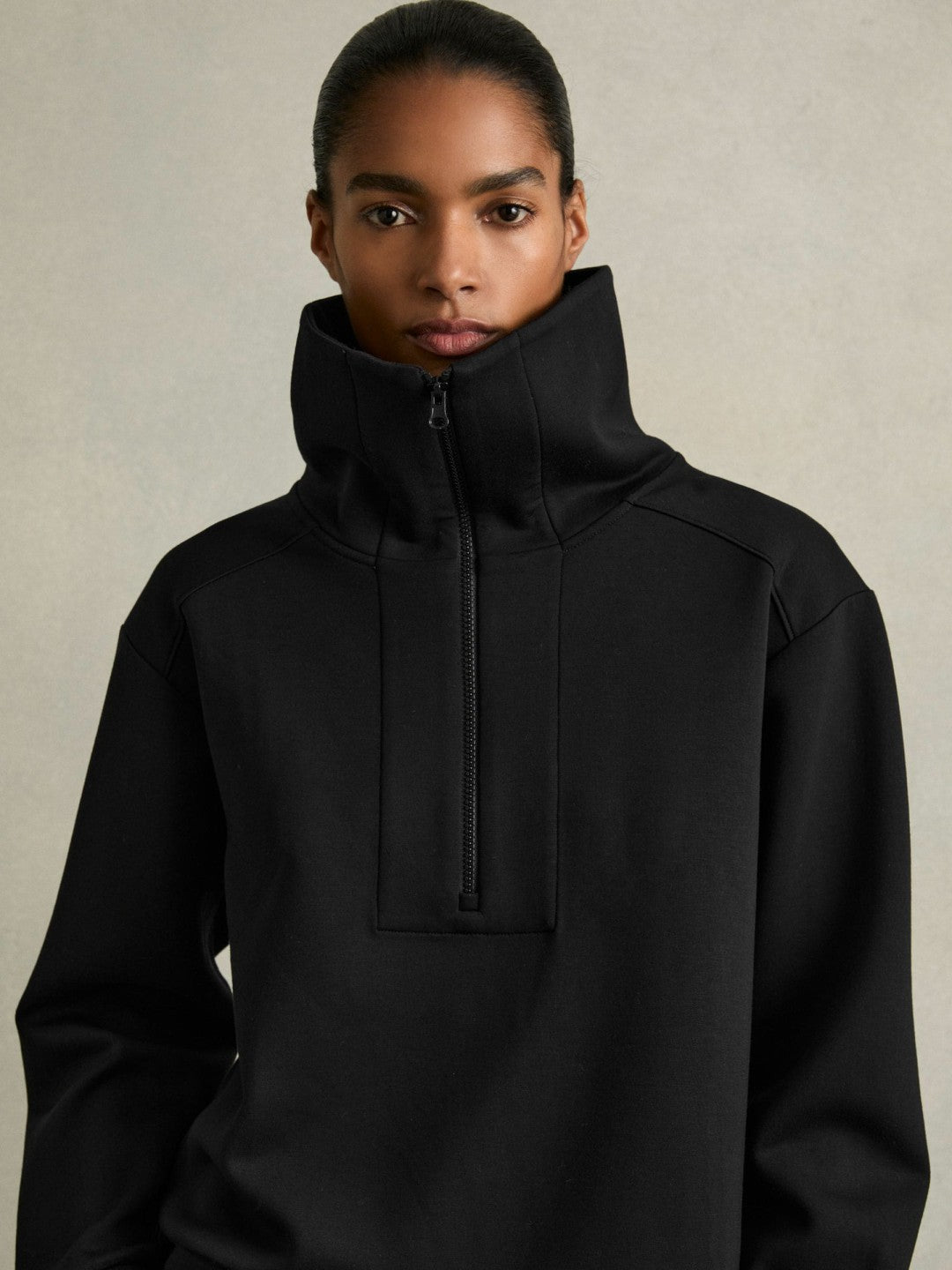 Interlock Half-Zip Drawstring-Hem Sweatshirt in Black Women | Reiss