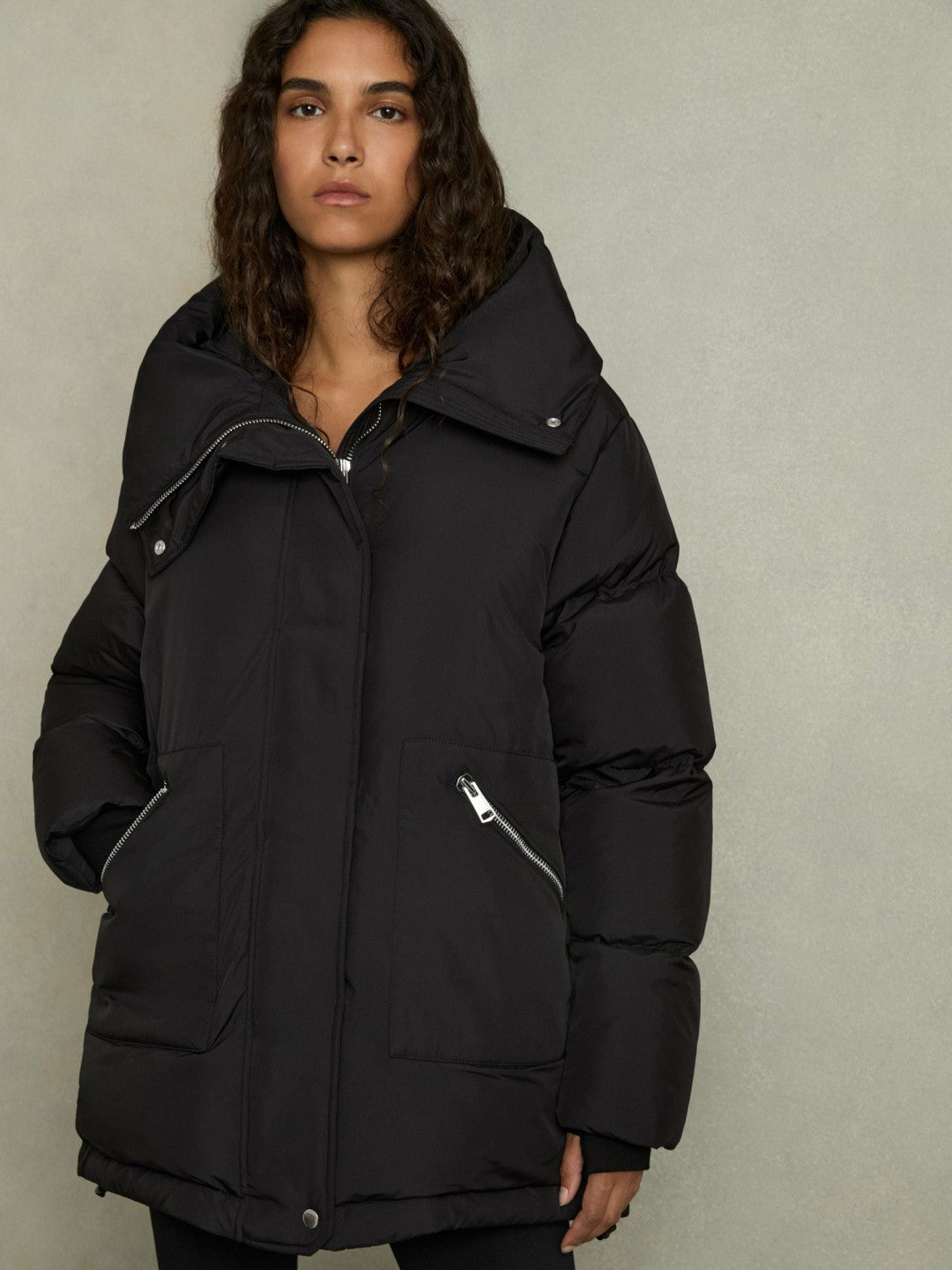 Petite Concealed-Hood Puffer Coat in Black Women | Reiss