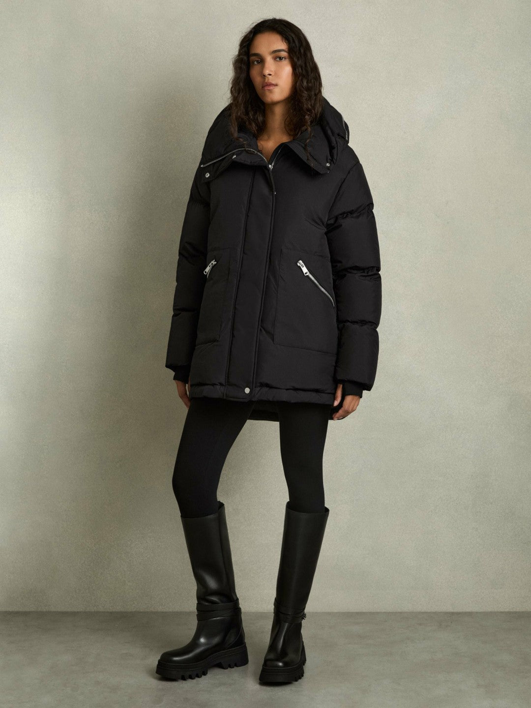 Petite Concealed-Hood Puffer Coat in Black Women | Reiss