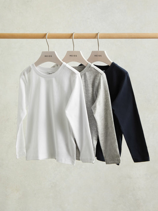 9-13 yrs Cotton Jersey Long Sleeve T-Shirts 3 Pack in White/Soft Grey/Navy Children & Baby | Reiss