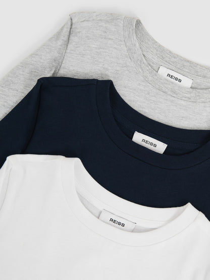 9-13 yrs Cotton Jersey Long Sleeve T-Shirts 3 Pack in White/Soft Grey/Navy Children & Baby | Reiss