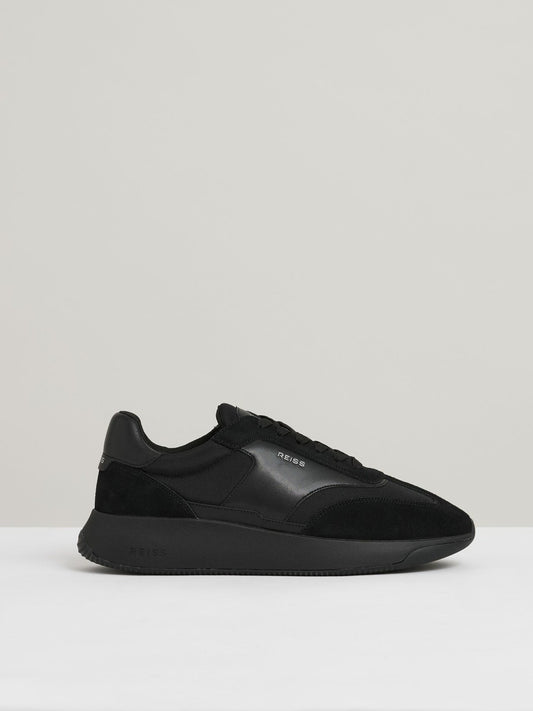 Leather Suede Running Trainers in All Black Men | Reiss