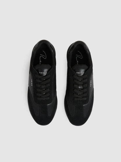 Leather Suede Running Trainers in All Black Men | Reiss