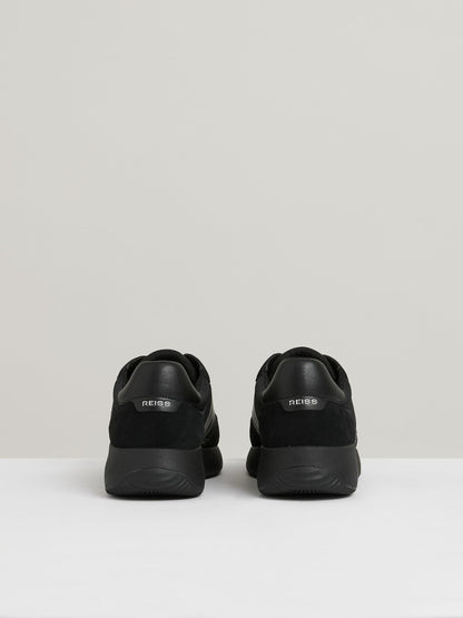 Leather Suede Running Trainers in All Black Men | Reiss