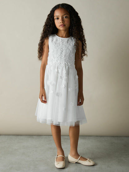 13-14 yrs Tulle Floral-Embroidered Bridesmaid Dress in Ivory Children & Baby | Reiss