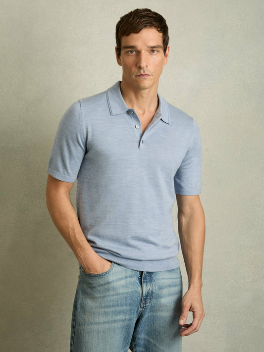 Merino Wool Polo Shirt in Soft Blue Men | Reiss