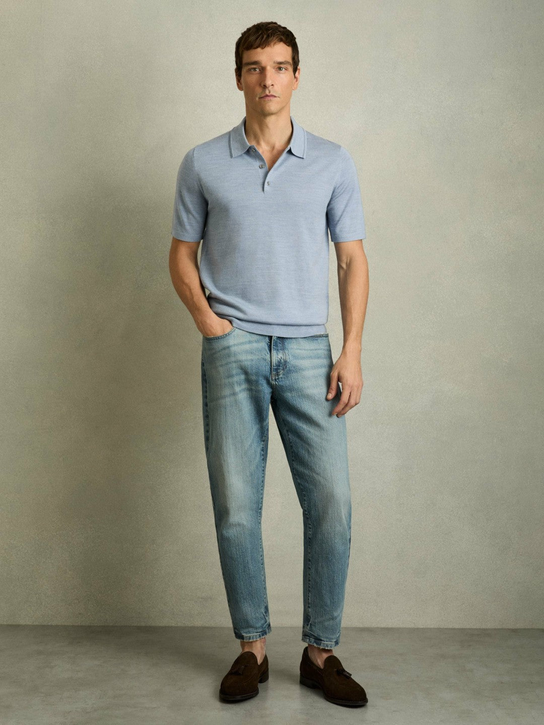 Merino Wool Polo Shirt in Soft Blue Men | Reiss