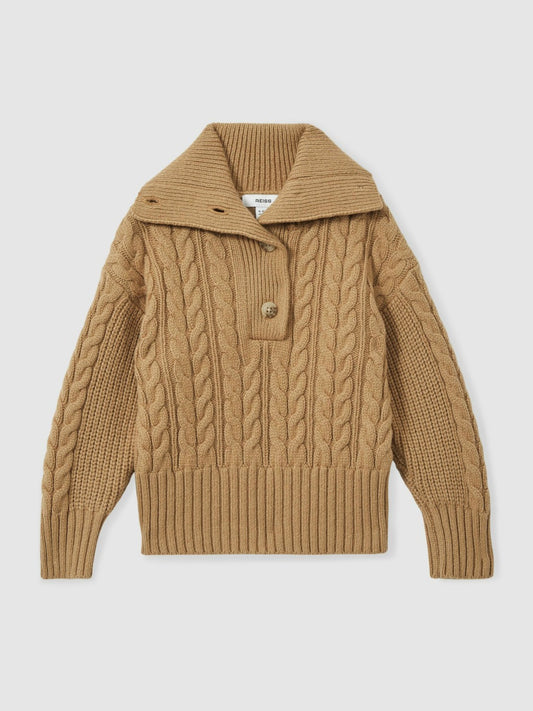 13-14 yrs Cotton-Blend Open-Collar Cable-Knit Jumper With Wool in Camel Children & Baby | Reiss
