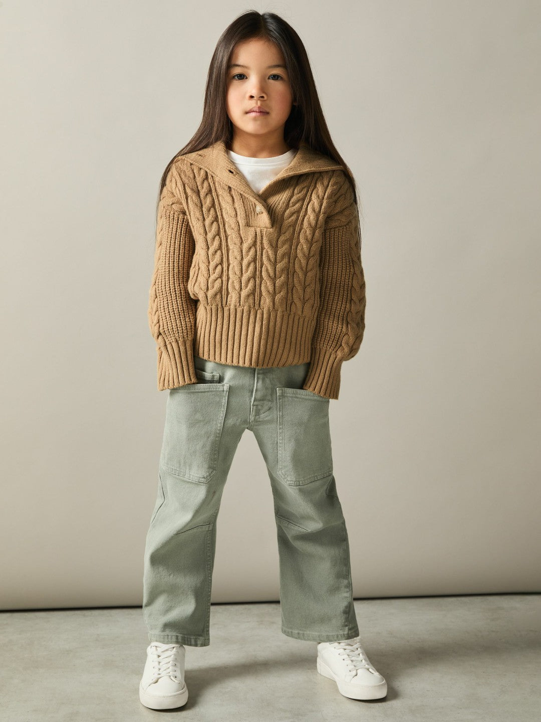 9-13 yrs Cotton-Blend Open-Collar Cable-Knit Jumper With Wool in Camel Children & Baby | Reiss