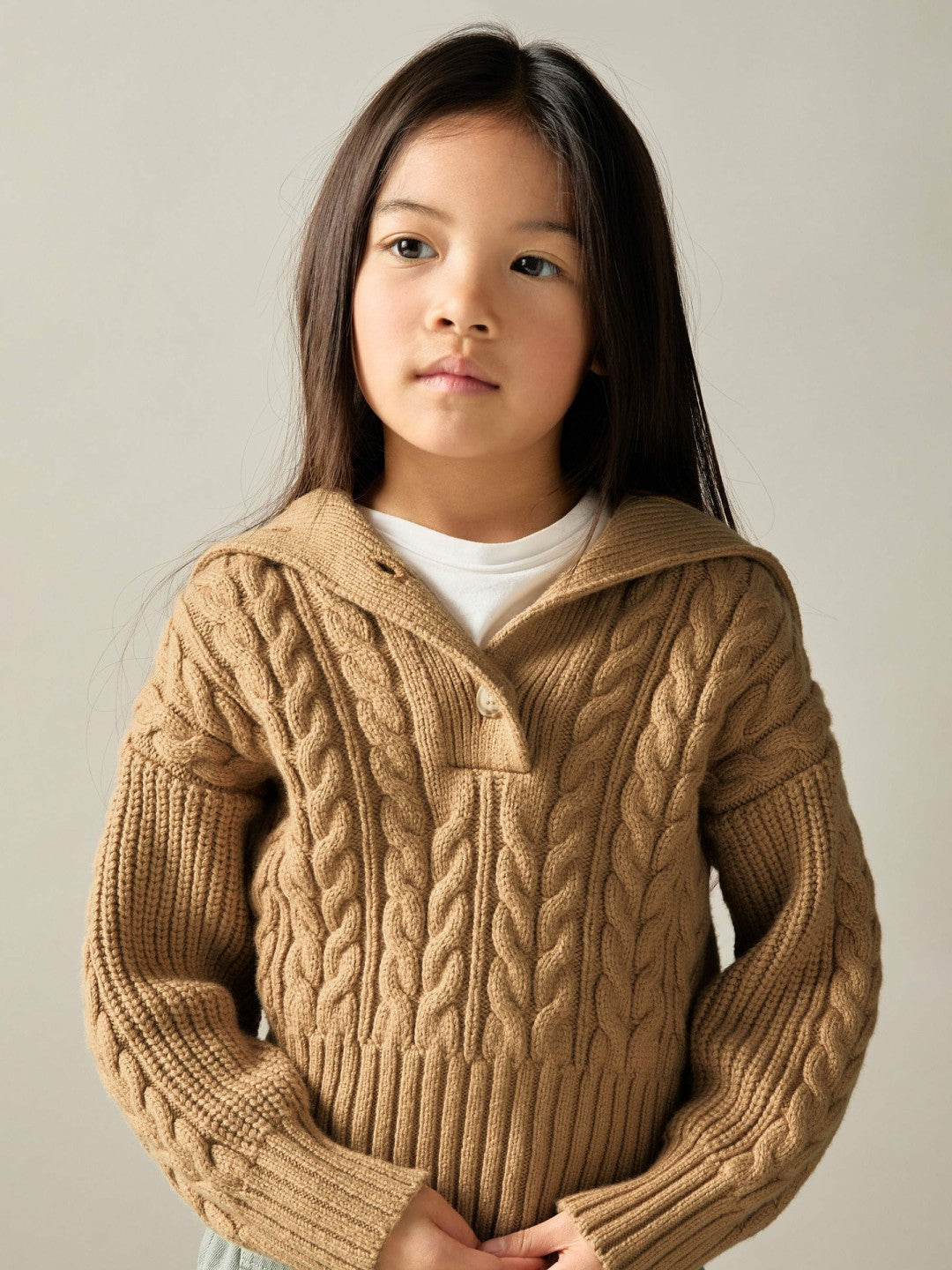 9-13 yrs Cotton-Blend Open-Collar Cable-Knit Jumper With Wool in Camel Children & Baby | Reiss