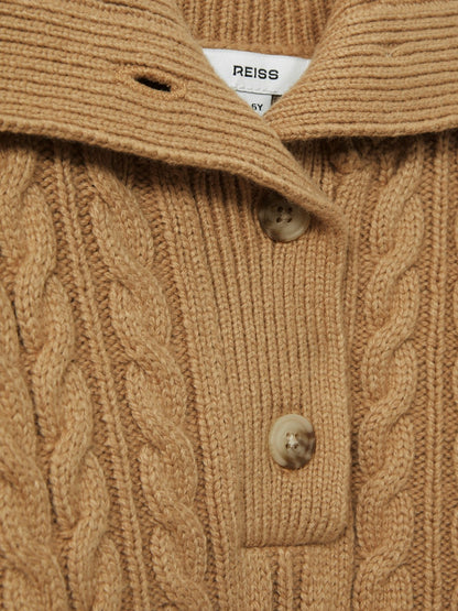 9-13 yrs Cotton-Blend Open-Collar Cable-Knit Jumper With Wool in Camel Children & Baby | Reiss