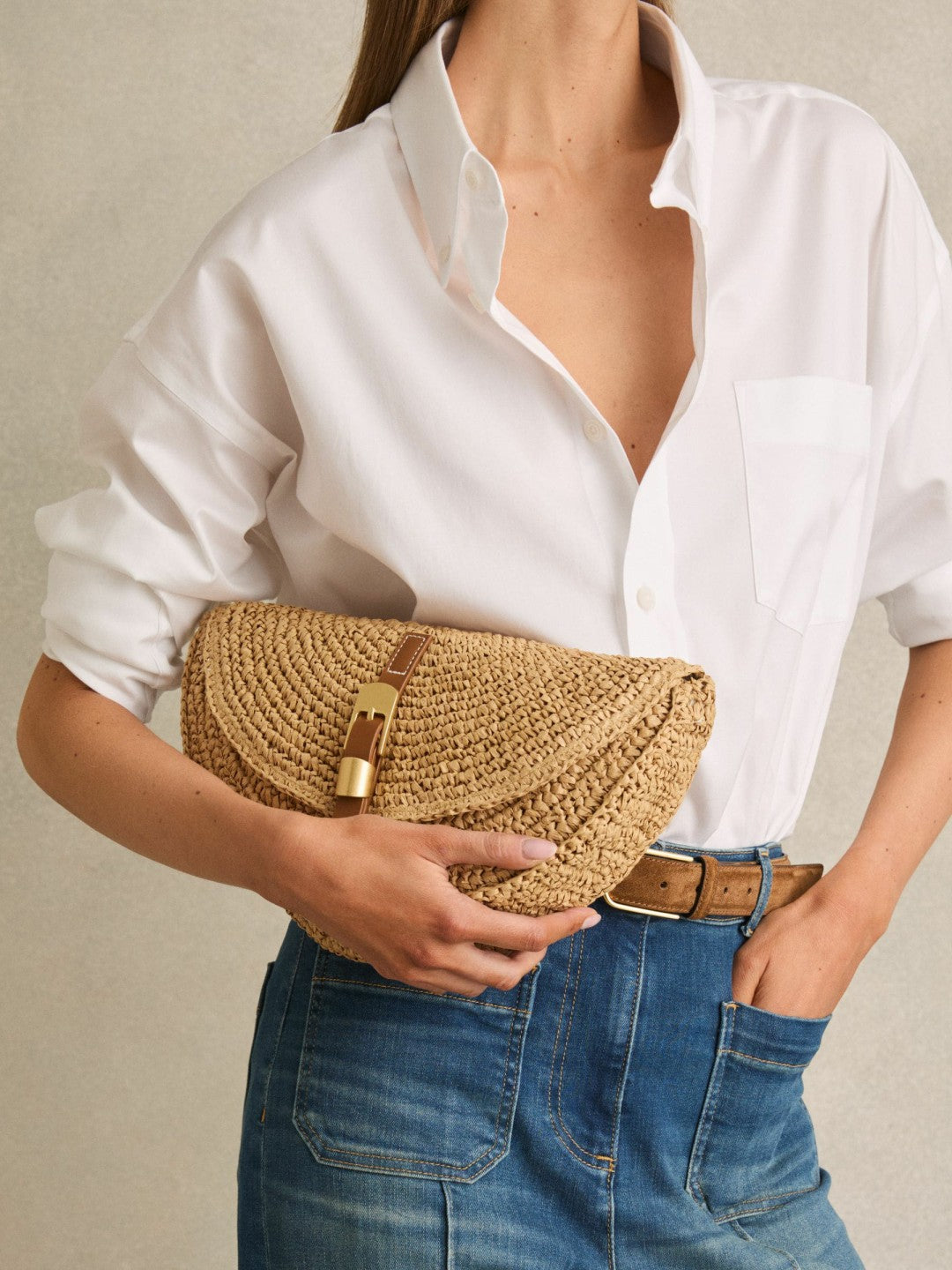 Raffia Half-Moon Clutch Bag in Natural Women | Reiss