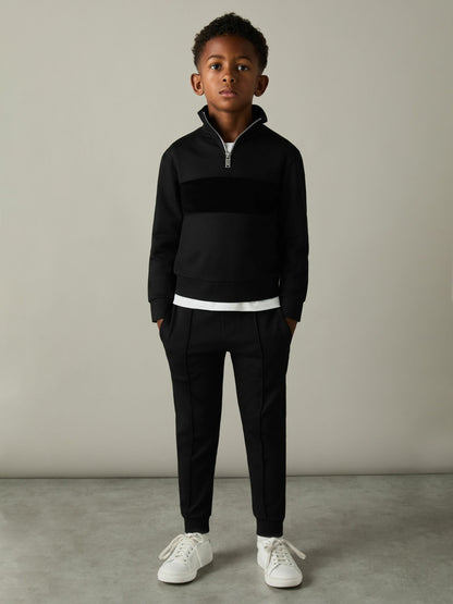 3-9 yrs Slim Fit Half-Zip Funnel Neck Velour Sweatshirt in Black Children & Baby | Reiss