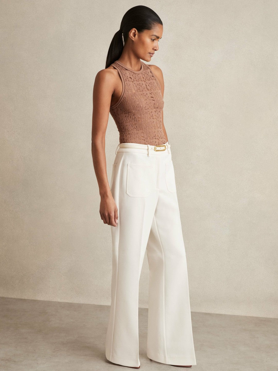 Twill Patch-Pocket Flared Trousers in Cream Women | Reiss
