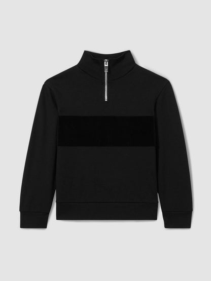 9-13 yrs Slim Fit Half-Zip Funnel Neck Velour Sweatshirt in Black Children & Baby | Reiss