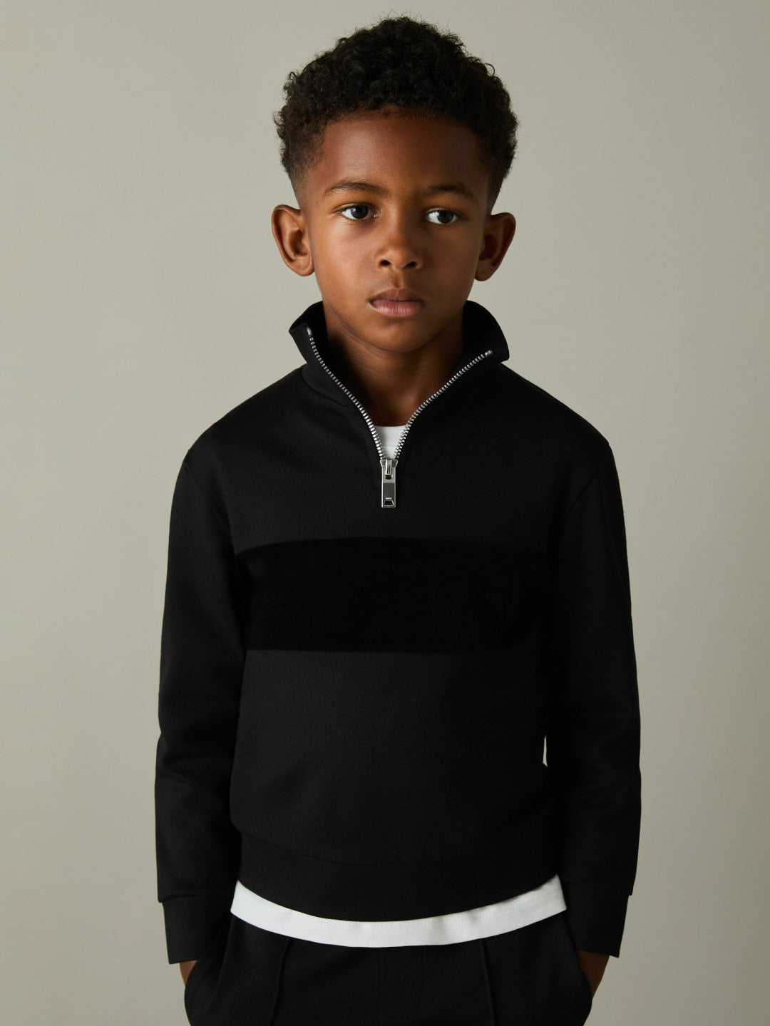 9-13 yrs Slim Fit Half-Zip Funnel Neck Velour Sweatshirt in Black Children & Baby | Reiss