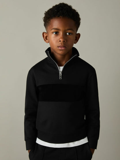 9-13 yrs Slim Fit Half-Zip Funnel Neck Velour Sweatshirt in Black Children & Baby | Reiss