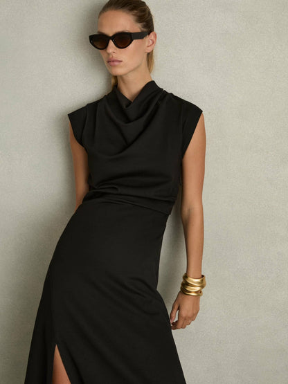 Twill-Jersey Draped Midi Dress in Black Women | Reiss
