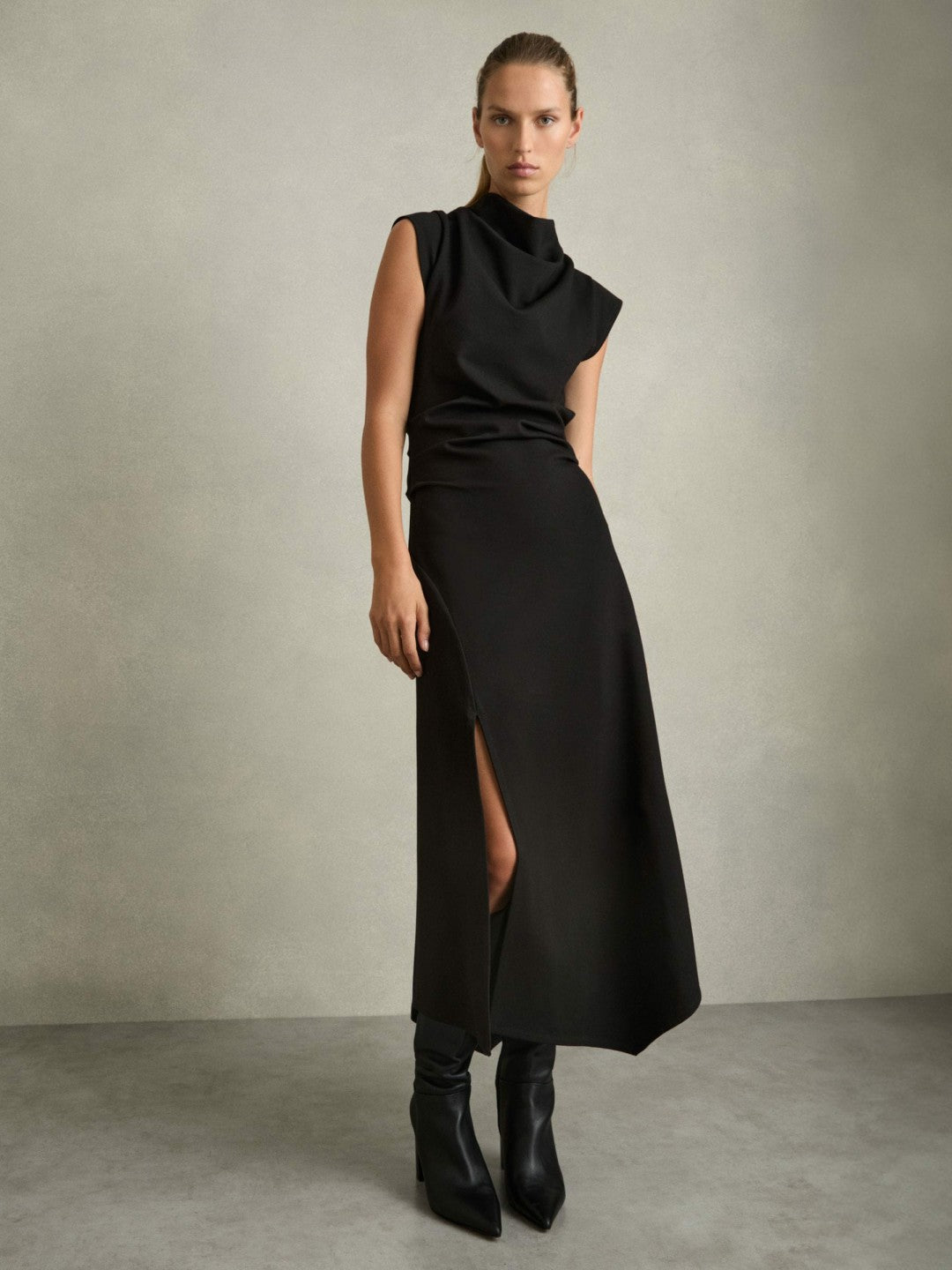 Twill-Jersey Draped Midi Dress in Black Women | Reiss