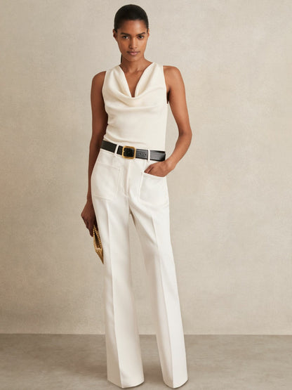 Petite Twill Patch-Pocket Flared Trousers in Cream Women | Reiss