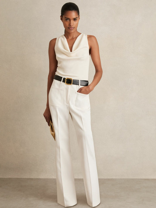 Petite Twill Patch-Pocket Flared Trousers in Cream Women | Reiss