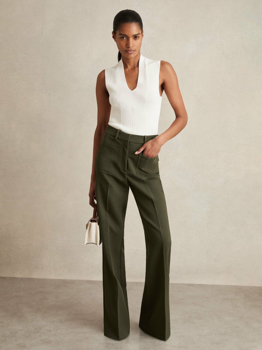 Petite Twill Patch-Pocket Flared Trousers in Green Women | Reiss