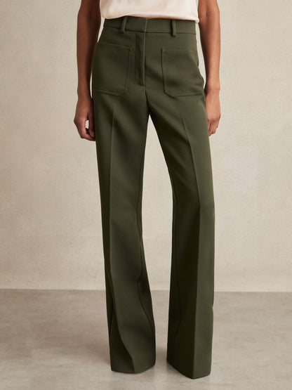 Petite Twill Patch-Pocket Flared Trousers in Green Women | Reiss