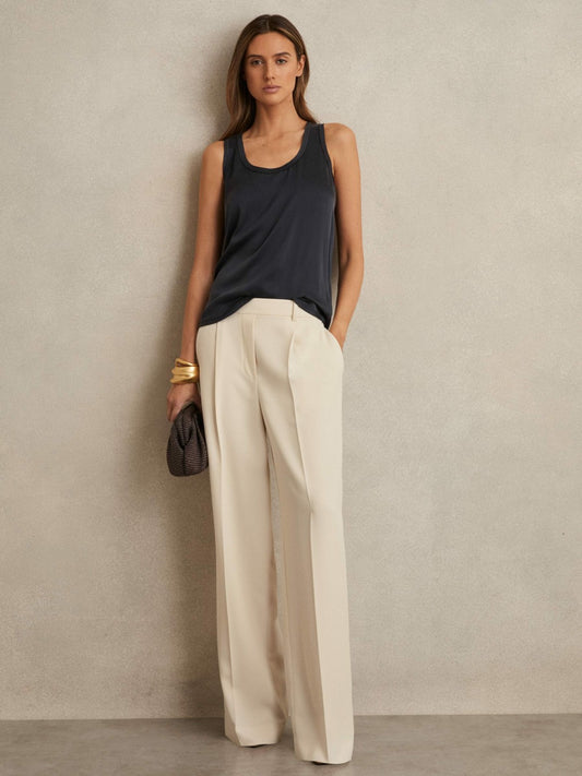 Elasticated-Waist Wide-Leg Twill Trousers in Cream Women | Reiss