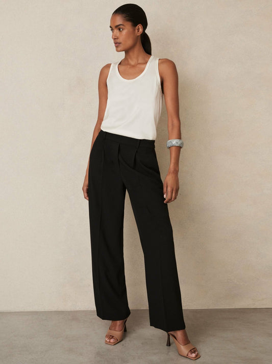 Elasticated-Waist Wide-Leg Twill Trousers in Black Women | Reiss