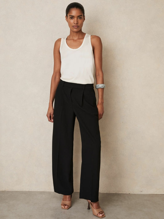 Petite Elasticated-Waist Wide-Leg Twill Trousers in Black Women | Reiss