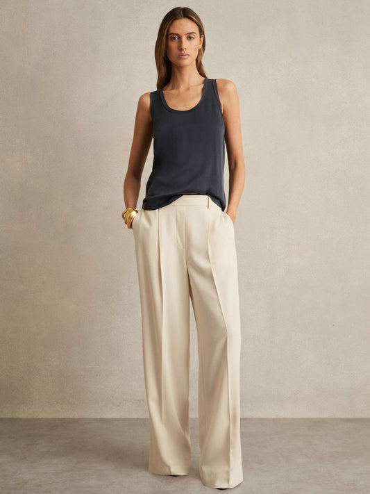 Petite Elasticated-Waist Wide-Leg Twill Trousers in Cream Women | Reiss