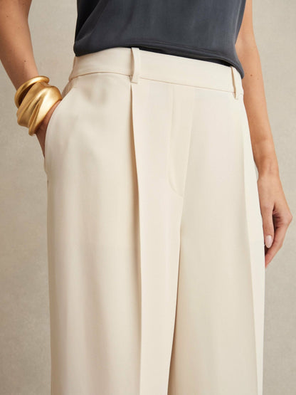 Petite Elasticated-Waist Wide-Leg Twill Trousers in Cream Women | Reiss